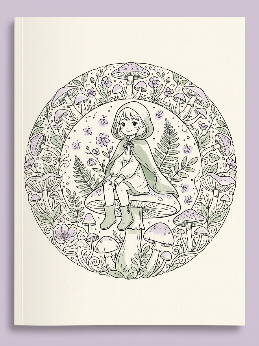 Sample cover: a hooded anime girl on a mushroom inside a fern mandala