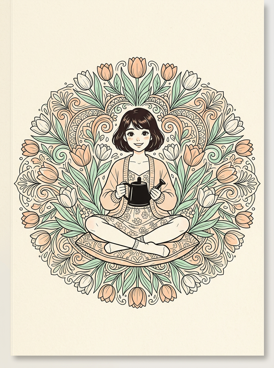 Sample cover: an anime girl with a watering can inside a tulip mandala