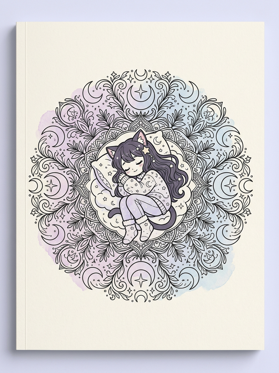 Sample cover: a sleeping anime girl with cat ears inside a crescent-moon mandala