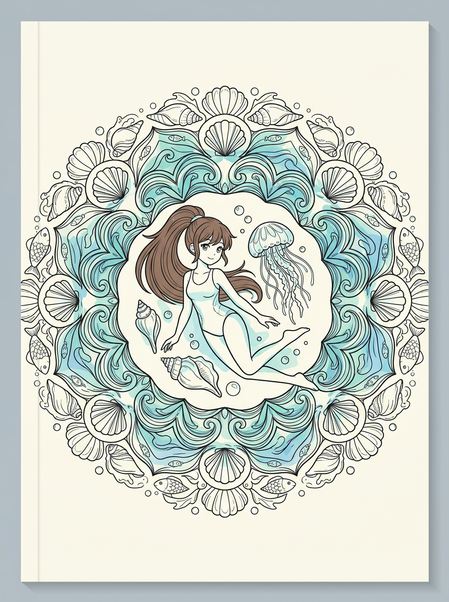 Sample cover: an anime girl floating with a jellyfish inside a shell mandala