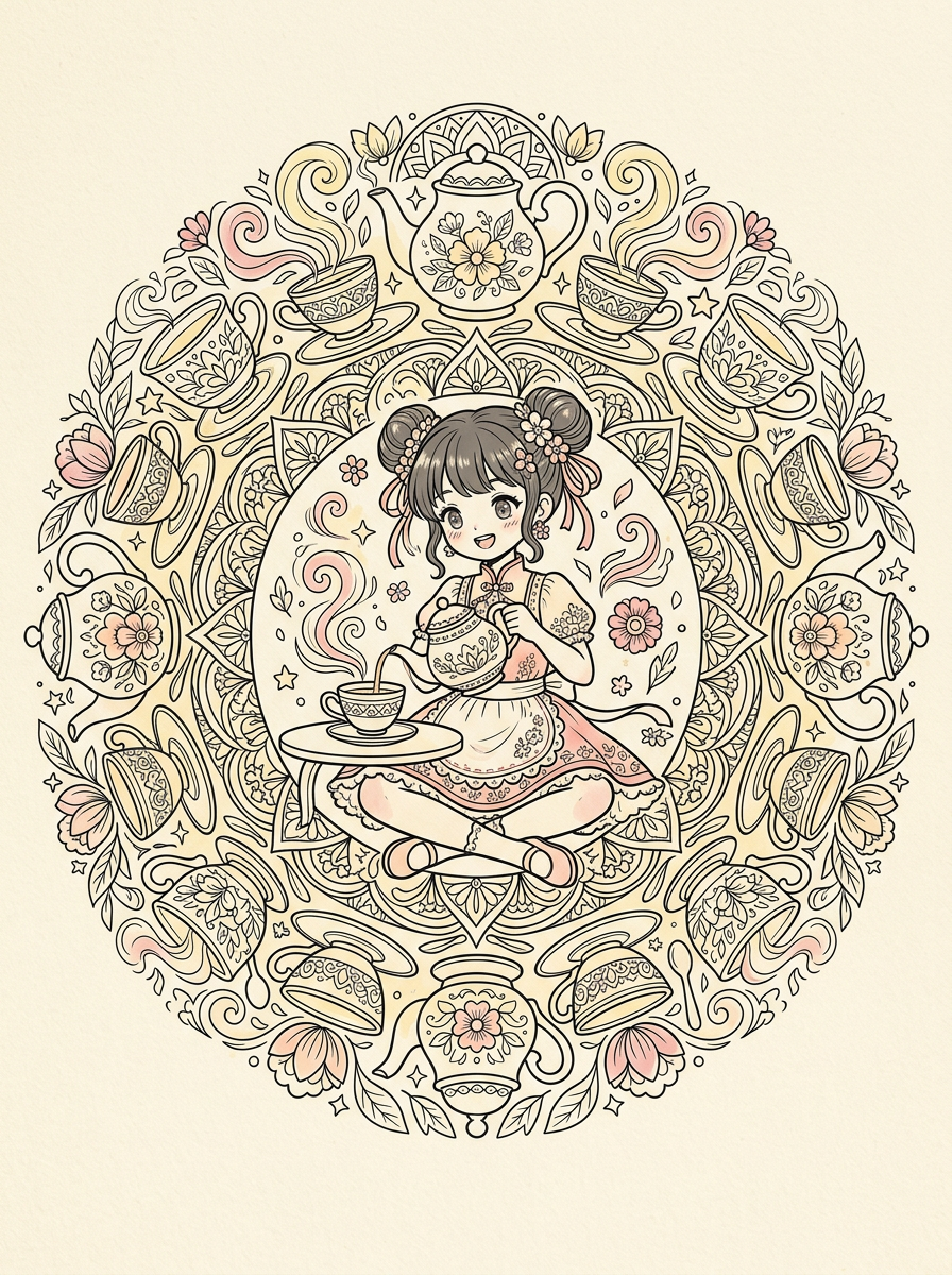 Sample cover: an anime girl pouring tea inside a teapot mandala