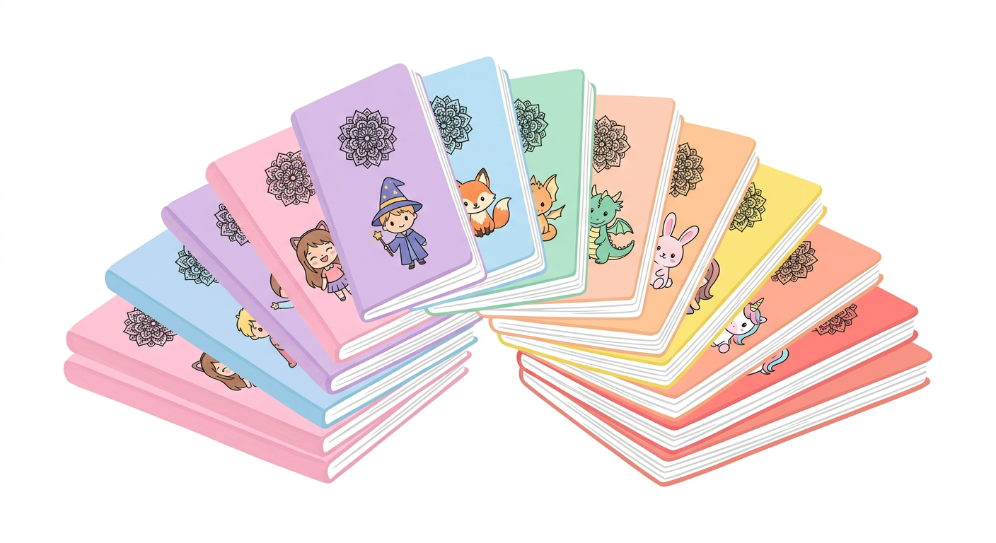 A fanned stack of pastel coloring books, each with a mandala and a small character
