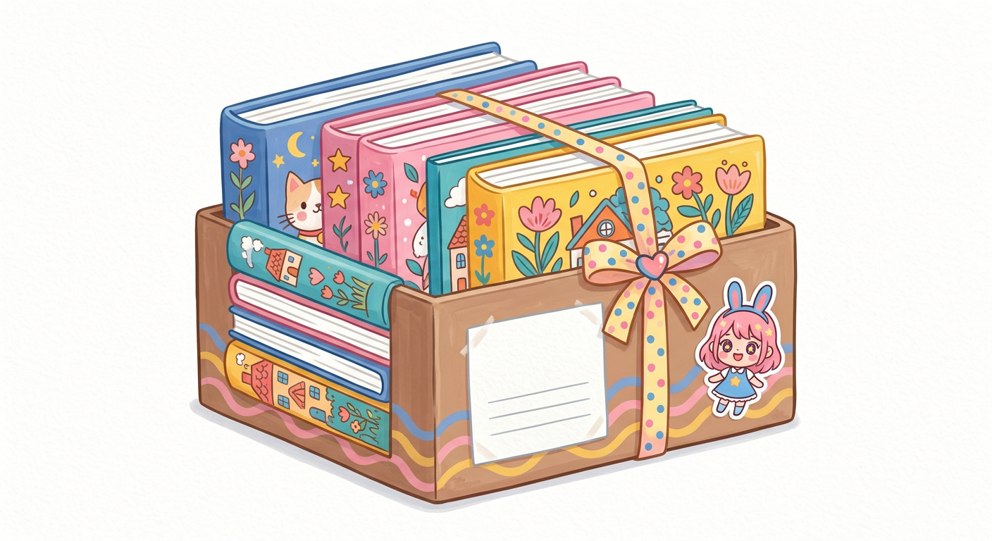 A box of finished printed coloring books tied with a ribbon