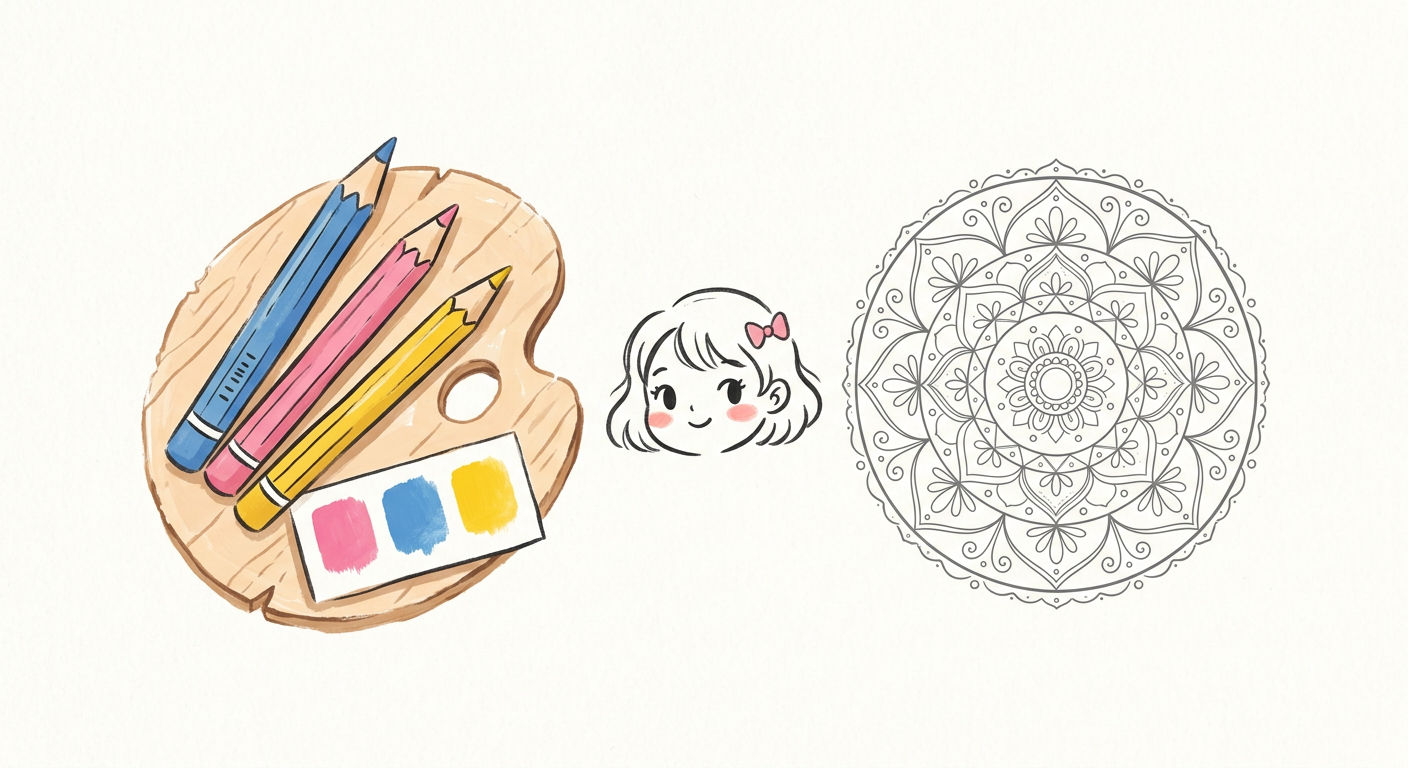 Colored pencils beside a sketch of an anime girl face and a mandala outline